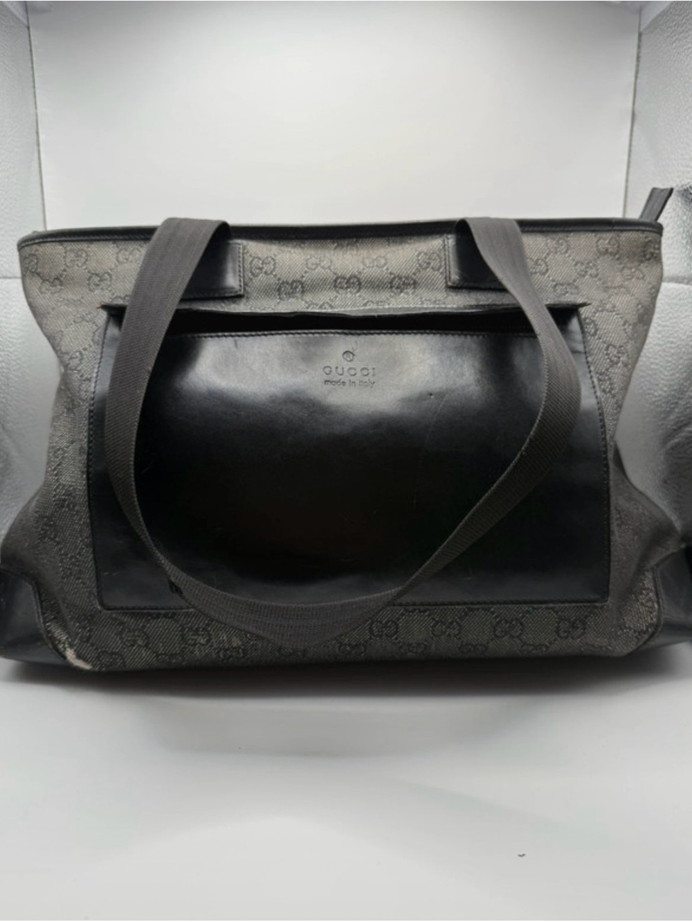 Gucci Gray GG Canvas Tote with Black Leather Pocket
